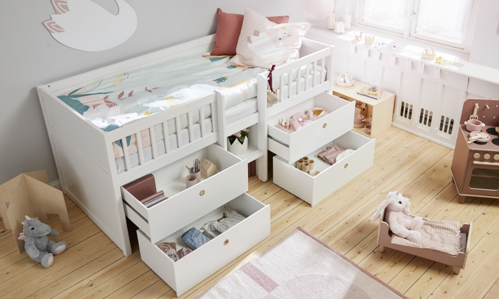 Lit mi-hauteur Freja avec échelle et rangement intégré Blanc